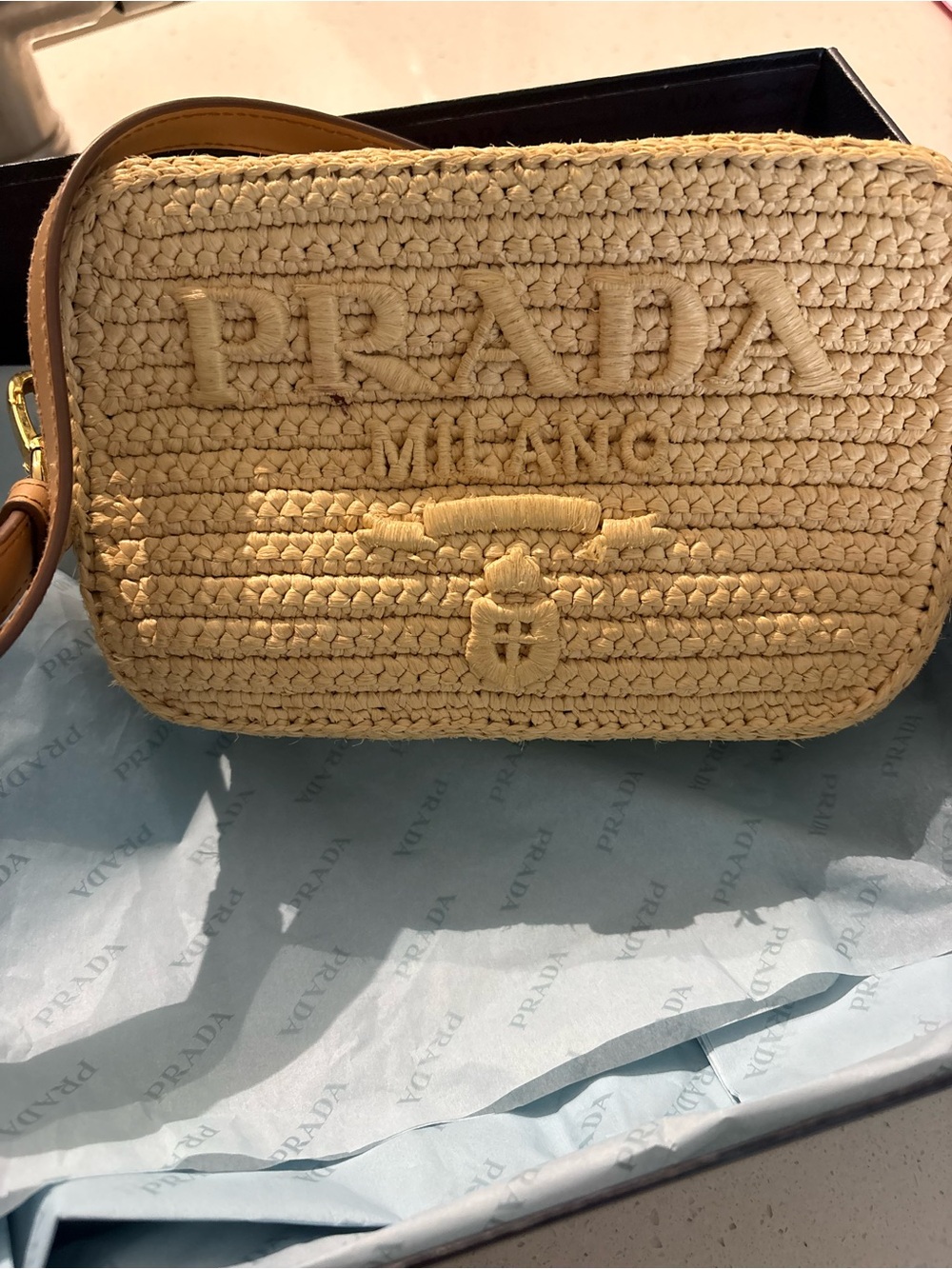 Prada Natural Straw Crossbody Bag with Leather Trim